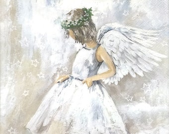 R820# 3 Pieces Of Single Paper Napkins for Decoupage, Craft Tissue, Christmas Angel Girl With White Dress And Holly Berry Wreath