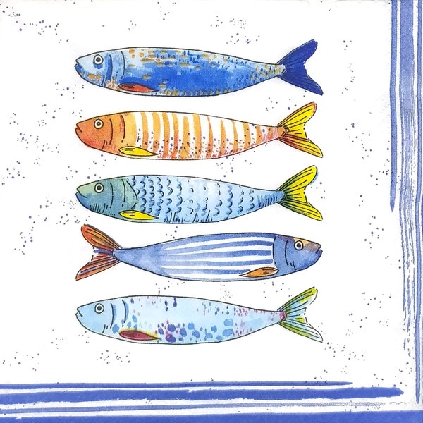 R961 # 3 serviettes en papier pour découpage, papier peint artisanal, motif poisson de mer peint bleu