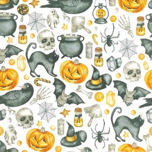 May include: A repeating pattern of Halloween illustrations on a white background. The design includes jack-o'-lanterns, black cats, bats, spiders, witch hats, skulls, potion bottles, and cauldrons. The color palette is black, orange, and yellow.