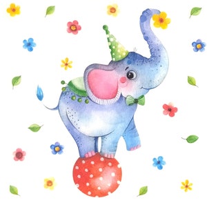 R158# 3 piezas de servilletas de papel individuales para decoupage, pañuelos artesanales, elefante de circo sobre pelota con gorro de cumpleaños y lluvia de flores