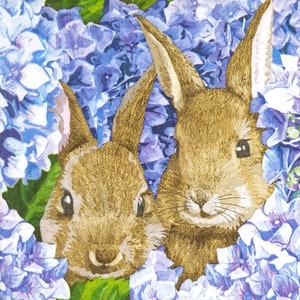 R442# 3 peças de guardanapos de papel individuais para decoupage, tecido artesanal, dois coelhos, lebre, casal, par, em, azul, hortênsia, flor, arbusto