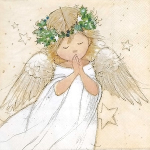 R524# 3 Pieces Of Single Paper Napkins for Decoupage, Craft Tissue, Christmas Praying Angel Girl With Holly Berry Wreath