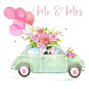 P712# 3 pezzi di tovaglioli di carta singoli per decoupage, fazzoletti artigianali, auto da matrimonio verde con sposa, sposo e grande mazzo di fiori rosa sul tetto