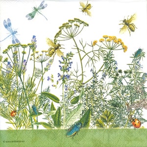 N990 # 3 Stück einzelne Papierservietten für Decoupage, Papier basteln Wilde Blume Grüne Wiese Auf Weiß - Umbrella Gräser Mit Fliegen Und Libellen