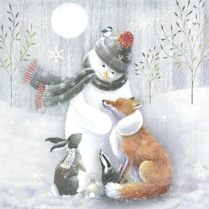 P715# 3 pezzi di tovaglioli di carta singoli per decoupage, fazzoletti artigianali, pupazzo di neve invernale con cappello, sciarpa e animali selvatici - volpe, lepre, puzzola