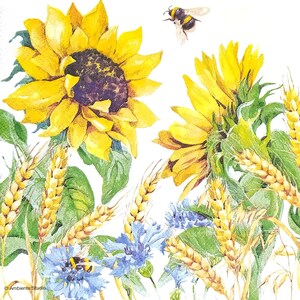 P676# 3 piezas de servilletas de papel individuales para decoupage, papel de seda para manualidades, flores de girasol amarillas con acianos y espigas de trigo sobre blanco