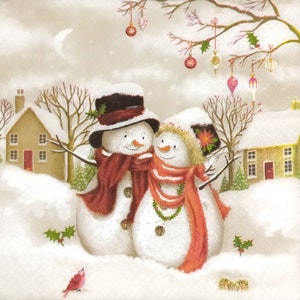 N891# 3 pezzi di tovaglioli di carta singoli per decoupage, fazzoletti artigianali, pupazzi di neve invernali di Natale, coppia di pupazzi di neve con cappelli e sciarpe