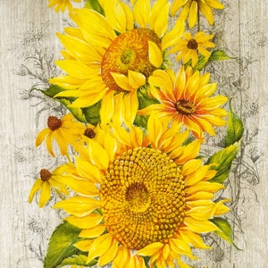 P272# 3 piezas de servilletas de papel individuales para decoupage, papel tisú artesanal, guirnalda de flores de girasol amarillo sobre tablero de madera gris
