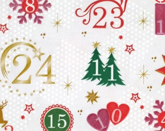T160# 3 Pieces Of Single Paper Napkins for Decoupage, Craft Tissue, Christmas Advent Calendar Numbers Pattern