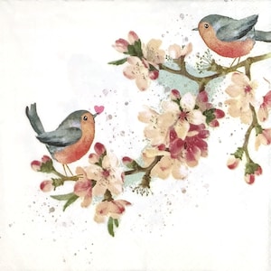 T557# 3 pezzi di tovaglioli di carta singoli per decoupage, fazzoletti artigianali, uccelli pettirossi primaverili che tengono una coppia di cuori su un ramo in fiore