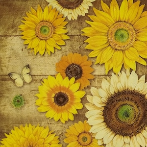 R208# 3 Pieces Of Single Paper Napkins for Decoupage, Craft Tissue, Yellow Sunflower Orange Brown Flowers Pattern On Wooden Background