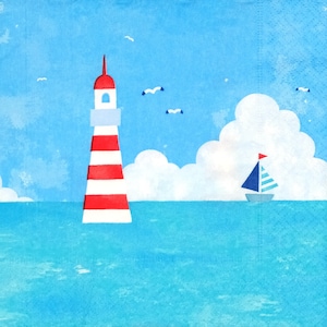 R438# 3 pezzi di tovaglioli di carta singoli per decoupage, carta velina, riva del mare con faro e barca a vela nel mare