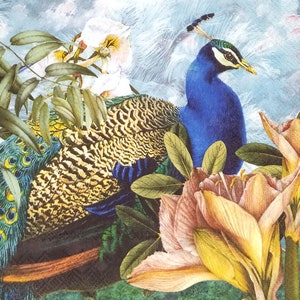 P142 #3 stuks enkele papieren servetten voor decoupage, knutselpapier, koninklijke tuin pauw vogels in de jungle bloemen