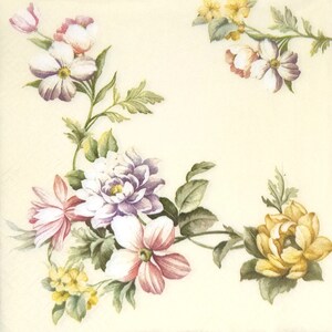 P129# 3 stuks enkele papieren servetten voor decoupage, knutselpapier, roze-paarse bloemhoek op crème achtergrond