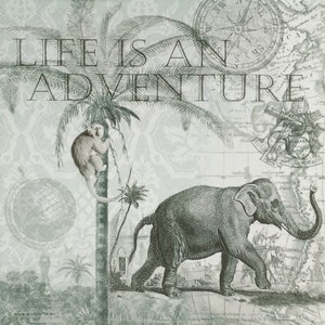P830 # 3 Stück einzelne Papierservietten für Decoupage, Basteltücher, Afrikanische Tiere Elefant Affe Palmen Collage Grau