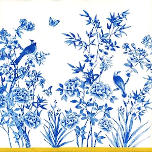 R970# 3 pezzi di tovaglioli di carta singoli per decoupage, fazzoletti artigianali, fiori blu, erbe e uccelli su sfondo bianco