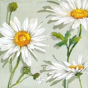R192# 3 serviettes en papier pour découpage, papier de soie artisanal, fleurs de marguerite camomille jaune blanc, motif floral sur vert menthe