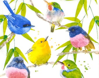 Q002# 3 Pieces Of Single Paper Napkins for Decoupage, Craft Tissue, Colorful Fat Birds on Branches Pattern