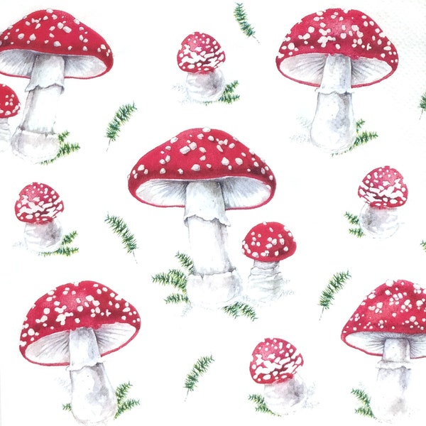 P045# 3 Pieces Of Single Paper Napkins for Decoupage, Craft Tissue, Red  Fly Agaric Mushroom Pattern On White Background