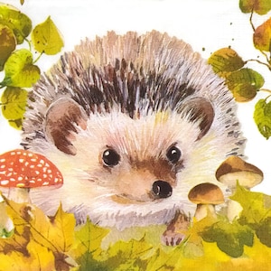 P548# 3 pedaços de guardanapos de papel individuais para decoupage, tecido artesanal, ouriço de outono pintado com cogumelos e folhas