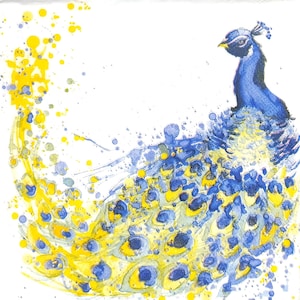 R804# 3 stuks enkele papieren servetten voor decoupage, knutselpapier, blauwwitte koninklijke pauwvogel met gele staart op wit