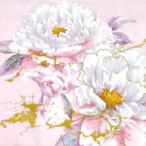 T461 # 3 serviettes en papier pour découpage, papier de soie artisanal, motif fleurs de pivoine blanc pastel sur fond rose