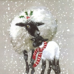 N854 # 3 serviettes en papier pour découpage, papier de soie artisanal, mouton blanc et bébé agneau avec écharpe rouge sur fond gris neige