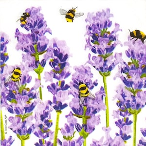 S264# 3 pezzi di PICCOLI tovaglioli di carta singoli per decoupage formato cocktail, tessuto artigianale, fiori di lavanda blu viola con api