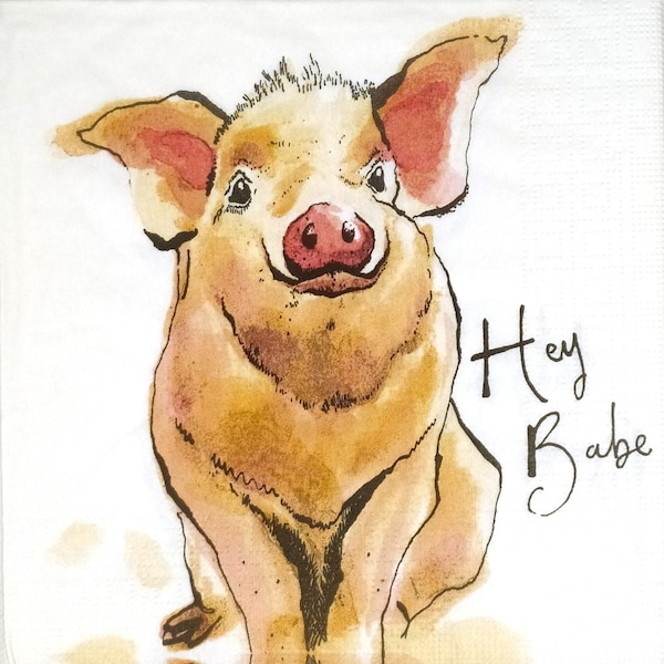 Q574# 3 Pieces Of Single Paper Napkins for Decoupage, Craft Tissue, Funny Pig With "Hey Baby" Inscription