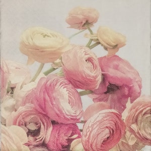 T560 # 3 Stück einzelne Papierservietten für Decoupage, Bastelgewebe Pastell Rosa Buttercup Ranunkel Blumen Muster Foto Collage
