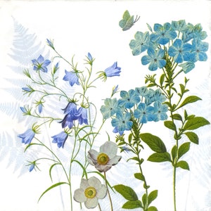 T668# 3 stuks enkele papieren servetten voor decoupage, knutselpapier, hemelsblauw klokje Phlox bloemenweide vlinder en watermerk varenblad