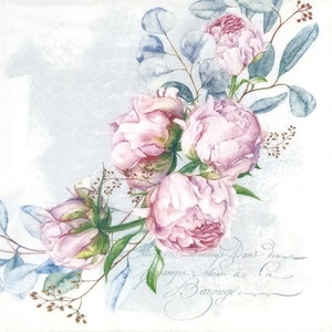 R009# 3 pezzi di tovaglioli di carta singoli per decoupage, fazzoletti artigianali, romantici fiori rosa vintage e eucalipto su motivo a lettere