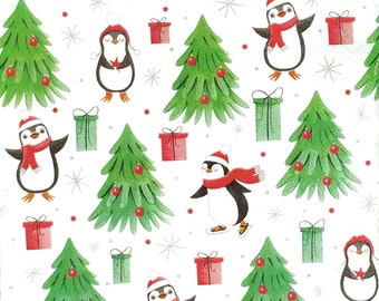 Q642# 3 Pieces Of Single Paper Napkins for Decoupage, Craft Tissue, Christmas Funny Penguin And Christmas Tree Pattern On White Background