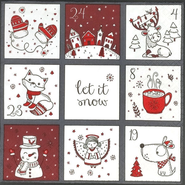 P846# 3 Pieces Of Single Paper Napkins for Decoupage, Craft Tissue, Christmas Tree, Christmas Advent Calendar Mini Pictures Collage