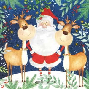 P260# 3 Pieces Of Single Paper Napkins for Decoupage, Craft Tissue, Christmas Painted Santa Clause With Two Raindeer Deer