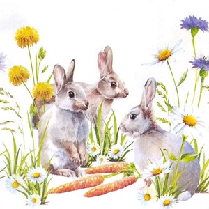 T446# 3 stuks enkele papieren servetten voor decoupage, knutselpapier, drie konijntjes hazenband die wortelen eet, picknick in bloemenweide