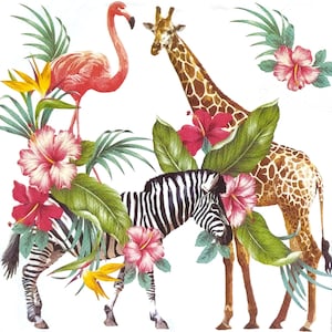 P508# 3 stuks enkele papieren servetten voor decoupage, knutselpapier, collage met bloemen en exotische wilde dieren: giraf, flamingo, zebra