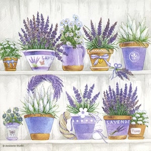 P093# 3 piezas de servilletas de papel individuales para decoupage, papel tisú artesanal, macetas con flores de lavanda morada pintadas en un estante