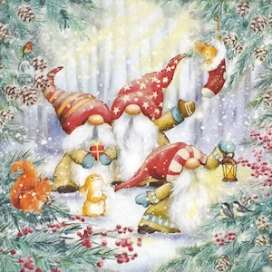 R521 # 3 Stück einzelne Papierservietten für Decoupage, Basteltücher, Drei Winter Wichtel mit Roten Mützen im Wald