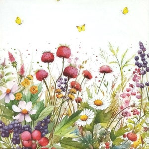 T623# 3 servilletas de papel individuales para decoupage, papel de seda artesanal, flores silvestres mágicas, fresas y bayas con mariposas