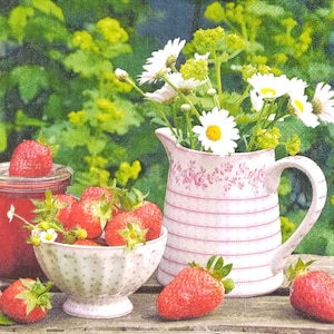 Q940 3 Pieces Of Single Paper Napkins for Decoupage, Craft Tissue, Red Strawberry Berry Bowl On Table With White Daisy Flowers Pitcher