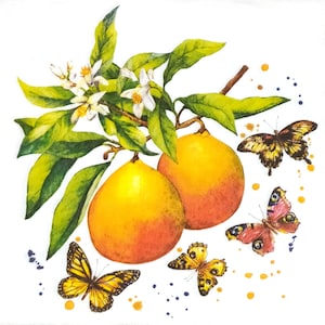 P049 # 3 serviettes en papier pour découpage, Brindille de fruits orange avec des papillons colorés