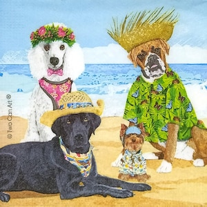 Z004# 3 pezzi di tovaglioli di carta singoli PICCOLI per decoupage, carta velina artigianale formato cocktail, divertente compagnia di cani sulla spiaggia con cappello da sole