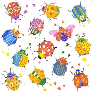T305# 3 pezzi di tovaglioli di carta singoli per decoupage, fazzoletti artigianali, motivo coccinella coccinella coleottero divertente colorato