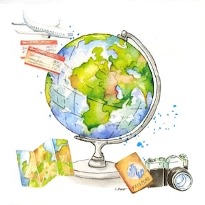 P052# 3 pezzi di tovaglioli di carta singoli per decoupage, fazzoletti artigianali, mappa del mondo globo terrestre con aereo, biglietti di viaggio, macchina fotografica