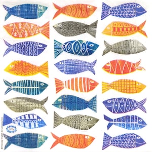 R536# 3 pezzi di tovaglioli di carta singoli per decoupage, fazzoletti artigianali, motivo di pesci di mare divertenti blu arancioni bianchi