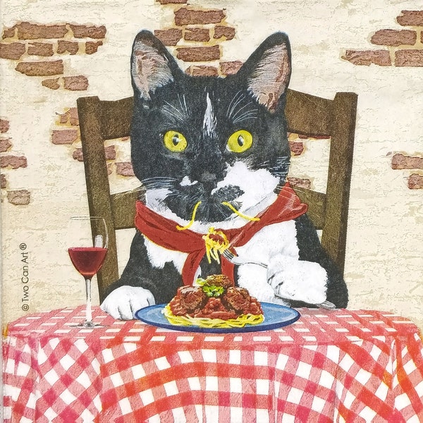 R083 # 3 pièces de serviettes en papier pour découpage, papier de soie artisanal, chaton mignon mangeant des macaronis avec des boulettes de viande à une table