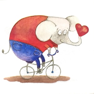 R791# 3 stuks enkele papieren servetten voor decoupage, knutselpapier, wilde dieren olifant rijden op fiets met rood hart ballon