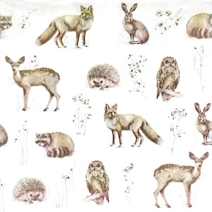 Q557# 3 stuks enkele papieren servetten voor decoupage, knutselpapier, wilde dieren pastel bruin hert, vos, haas, eekhoorn, egelpatroon