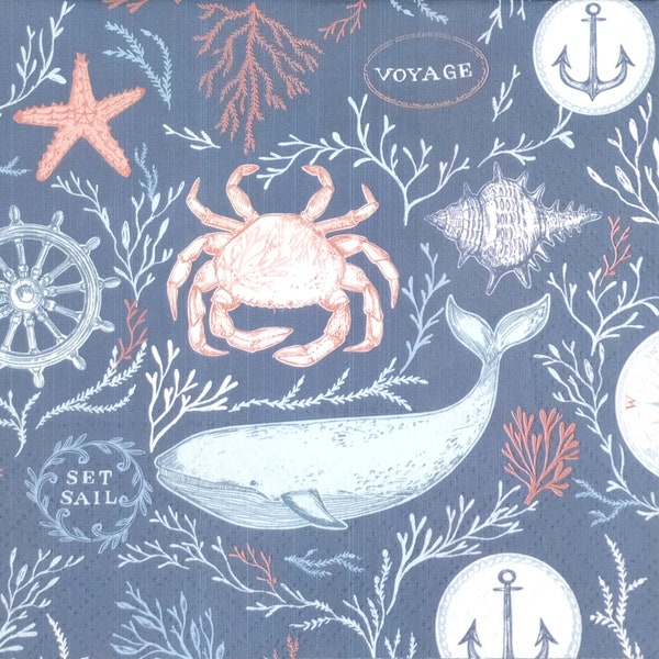 P076# 3 Pieces Of Single Paper Napkins for Decoupage, Craft Tissue, Pastel Blue Sea Red Fish Sealife And Coral Pattern